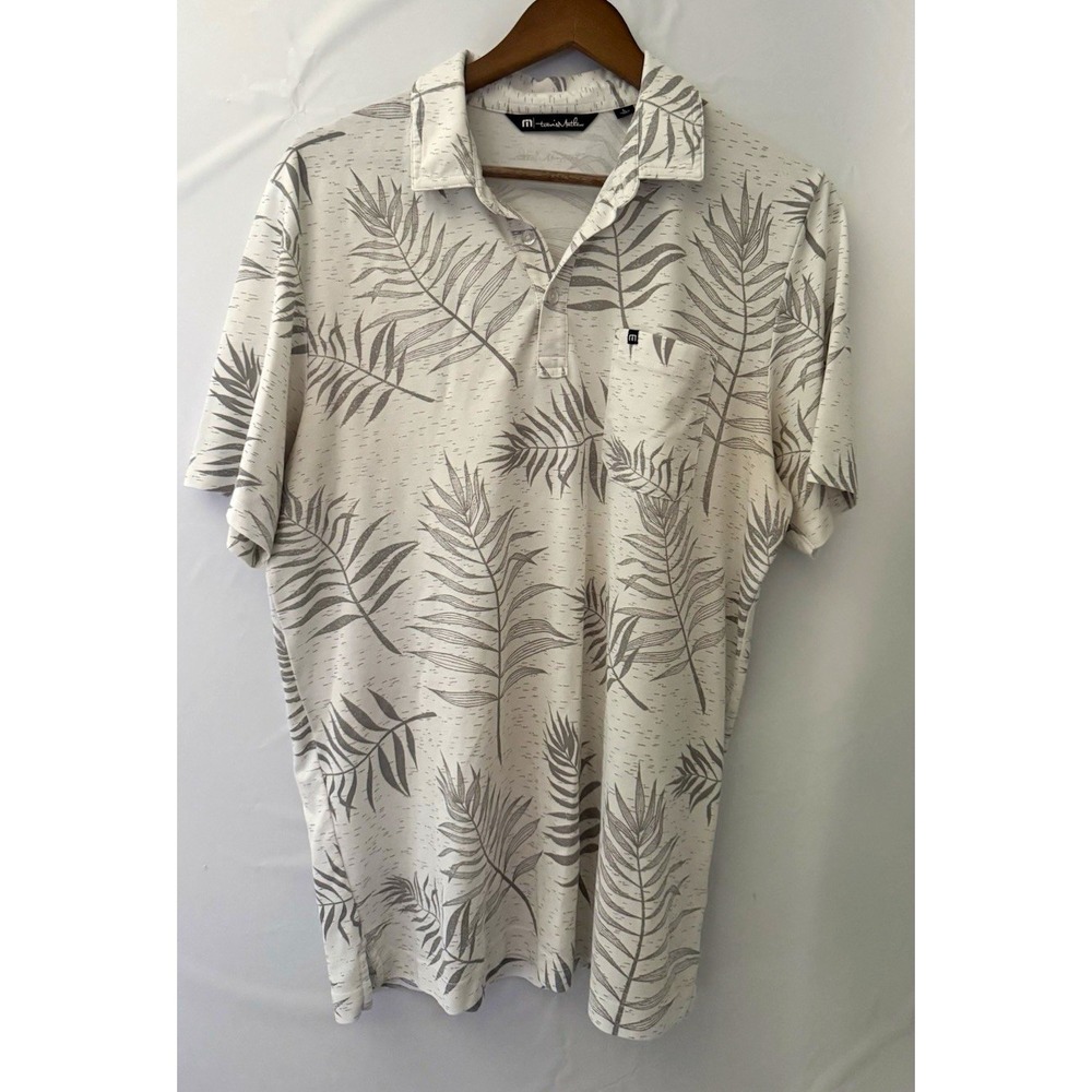 TravisMathew Men's Polo Shirt L White/Gray Tropical Leaf Short Sleeve